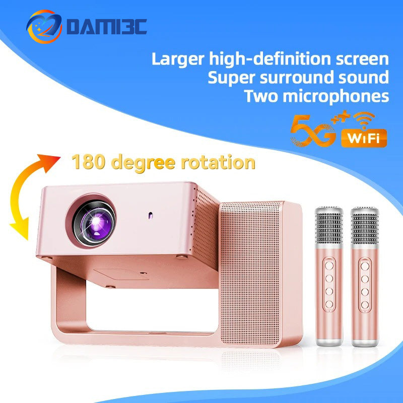 DAMI3C HT30 Portable Singing Projector | Mini Android Projector with Dual Microphones | 4K Support, WiFi, Bluetooth | Home & Outdoor Theater + Family KTV